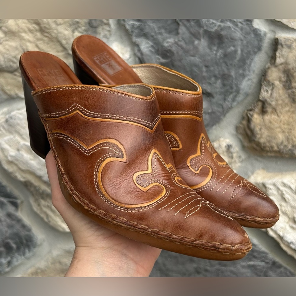 Frye Phoenix Mules Size 7.5M Brown Leather Slip On Boots Western Cowgirl Inlays